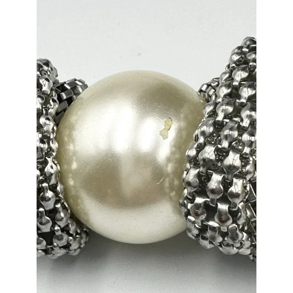 Chunky Runway Huge Wriped  Silver Tone Mesh Snake Faux Pearls Necklace‎ Set VTG - Picture 5 of 9